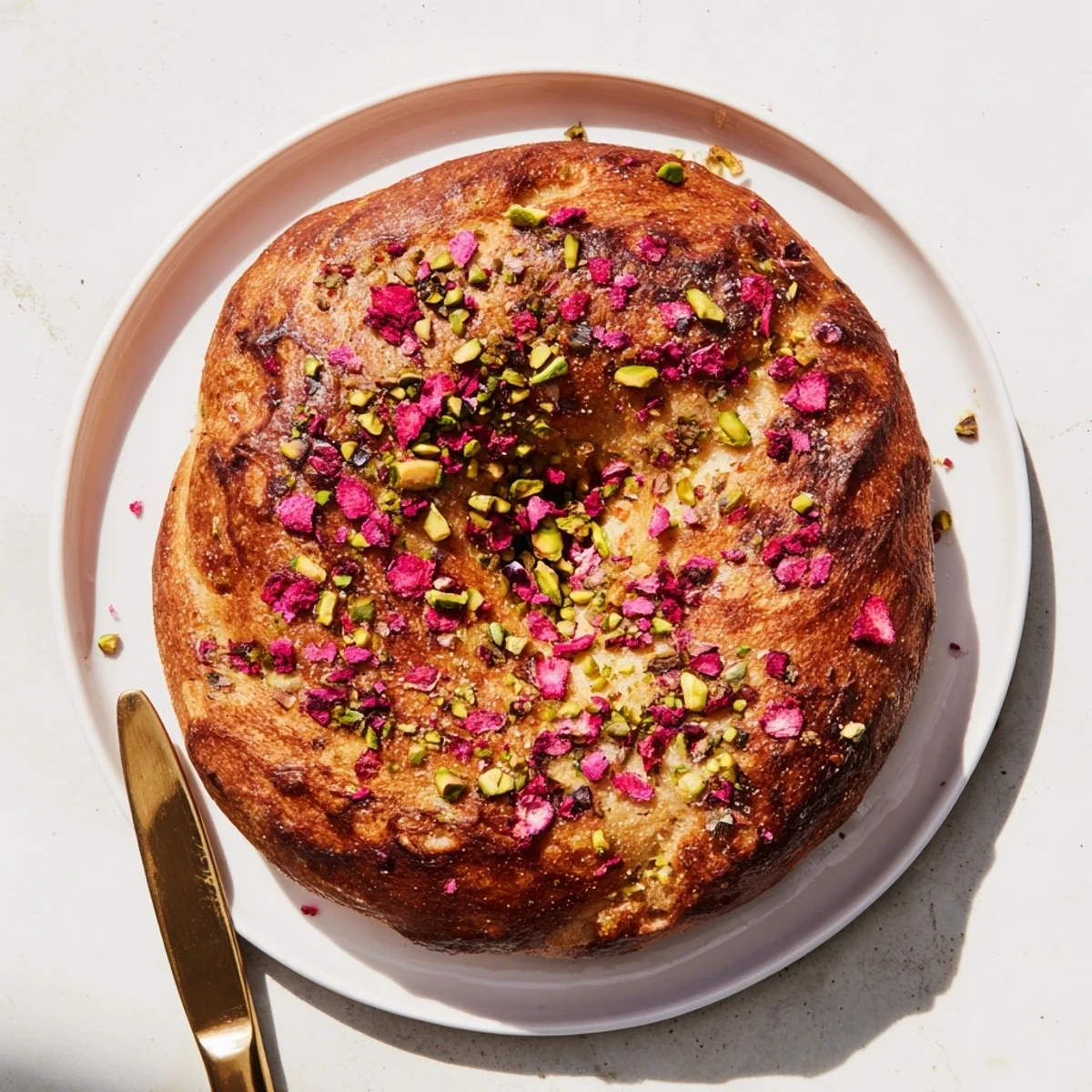 Golden brown Raspberry Pistachio Sourdough Bagels topped with chopped nuts and bright raspberry pieces