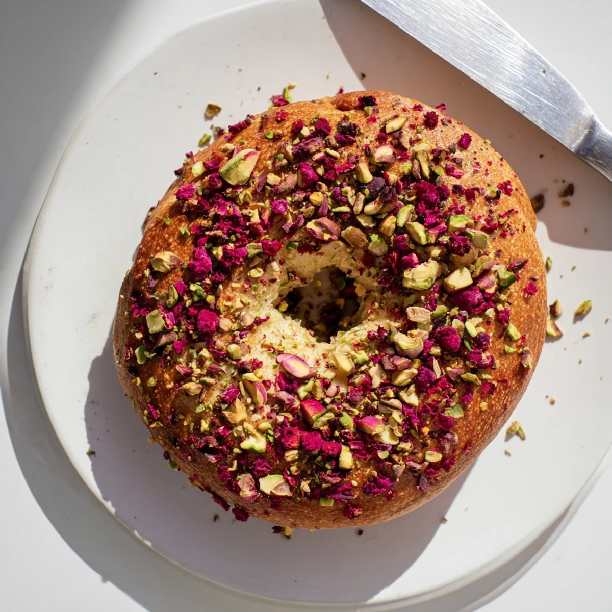 Rustic wooden board displaying Raspberry Pistachio Sourdough Bagels halved to reveal vibrant raspberry and nut speckles throughout