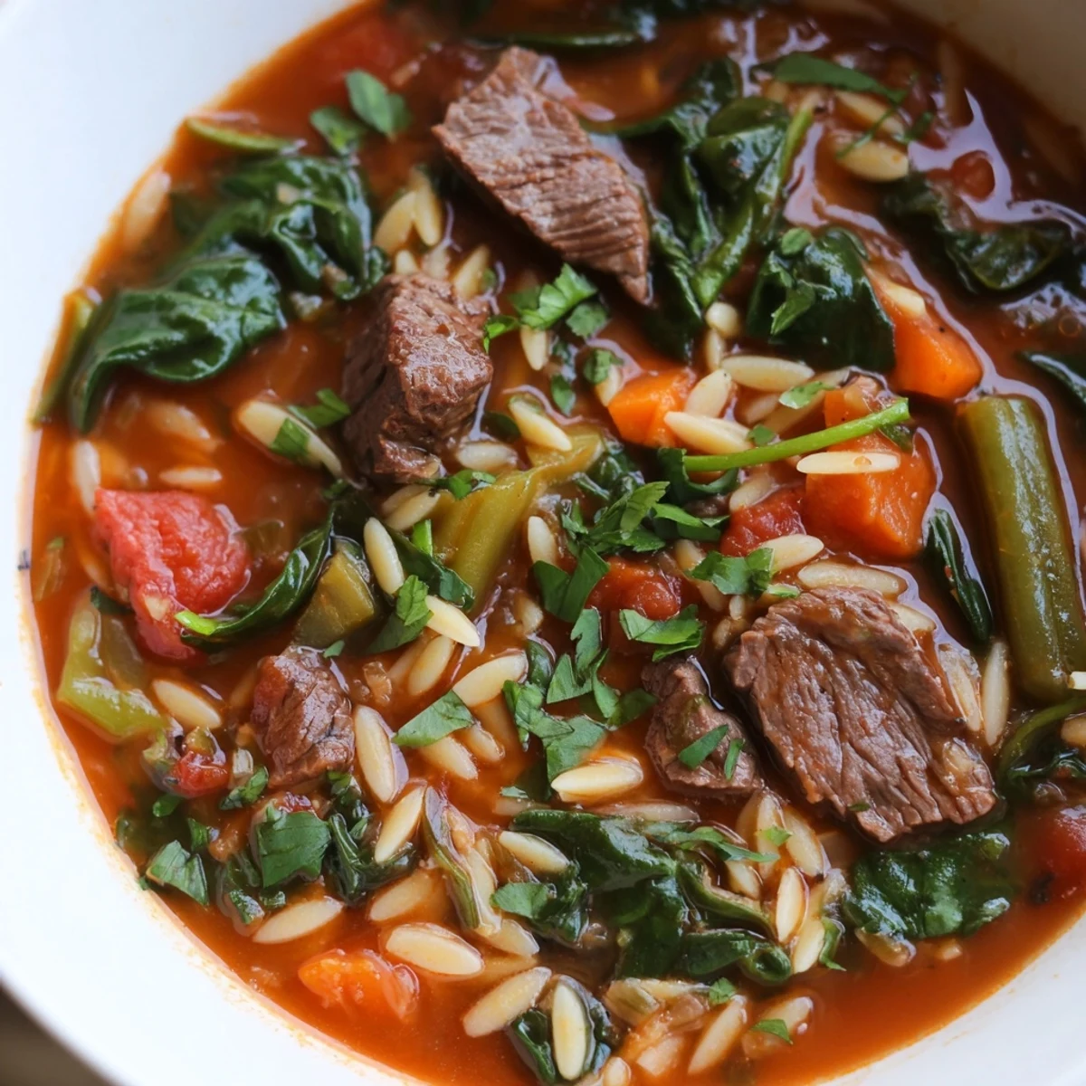 Hearty beef and orzo soup with tender vegetables in steaming savory broth
