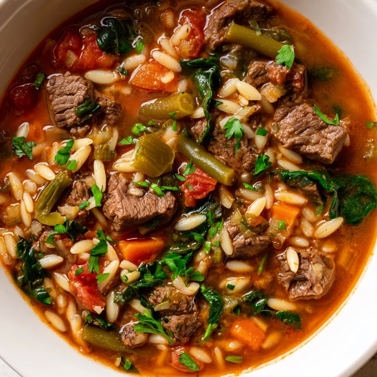 Rustic bowl of hearty beef and orzo soup topped with fresh parsley garnish
