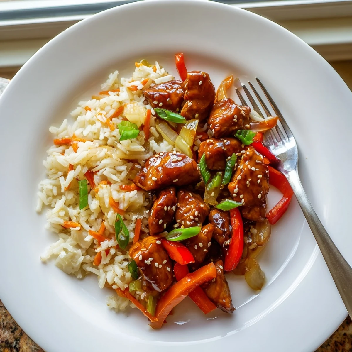 One Pan Korean BBQ Chicken and Rice served in a cast iron skillet with sesame seed garnish