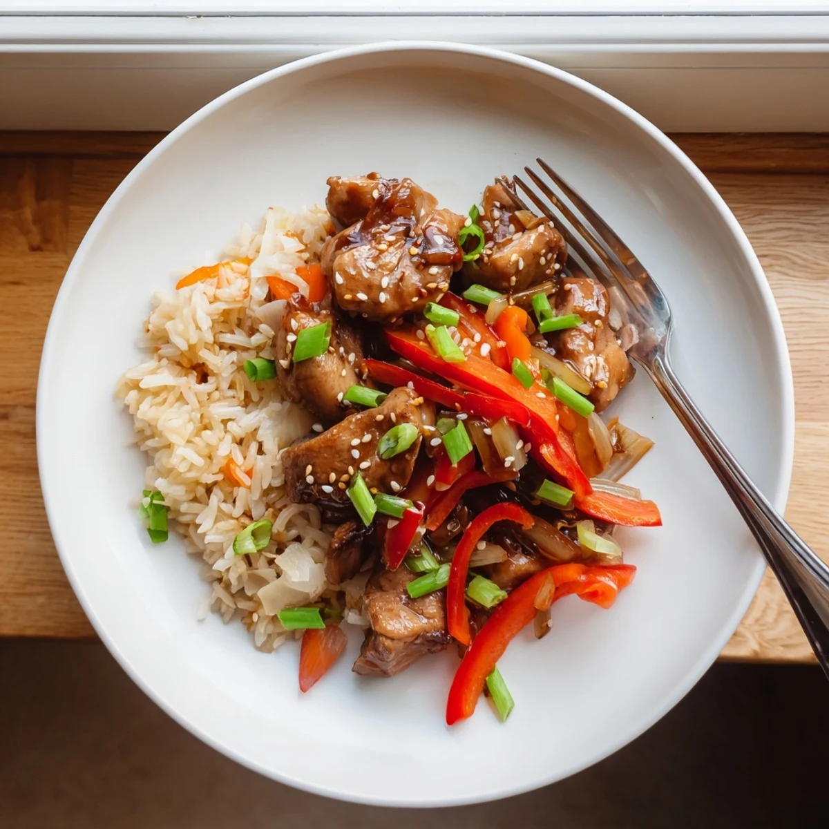 Tender glazed chicken and vegetables over fluffy white rice in a single skillet meal