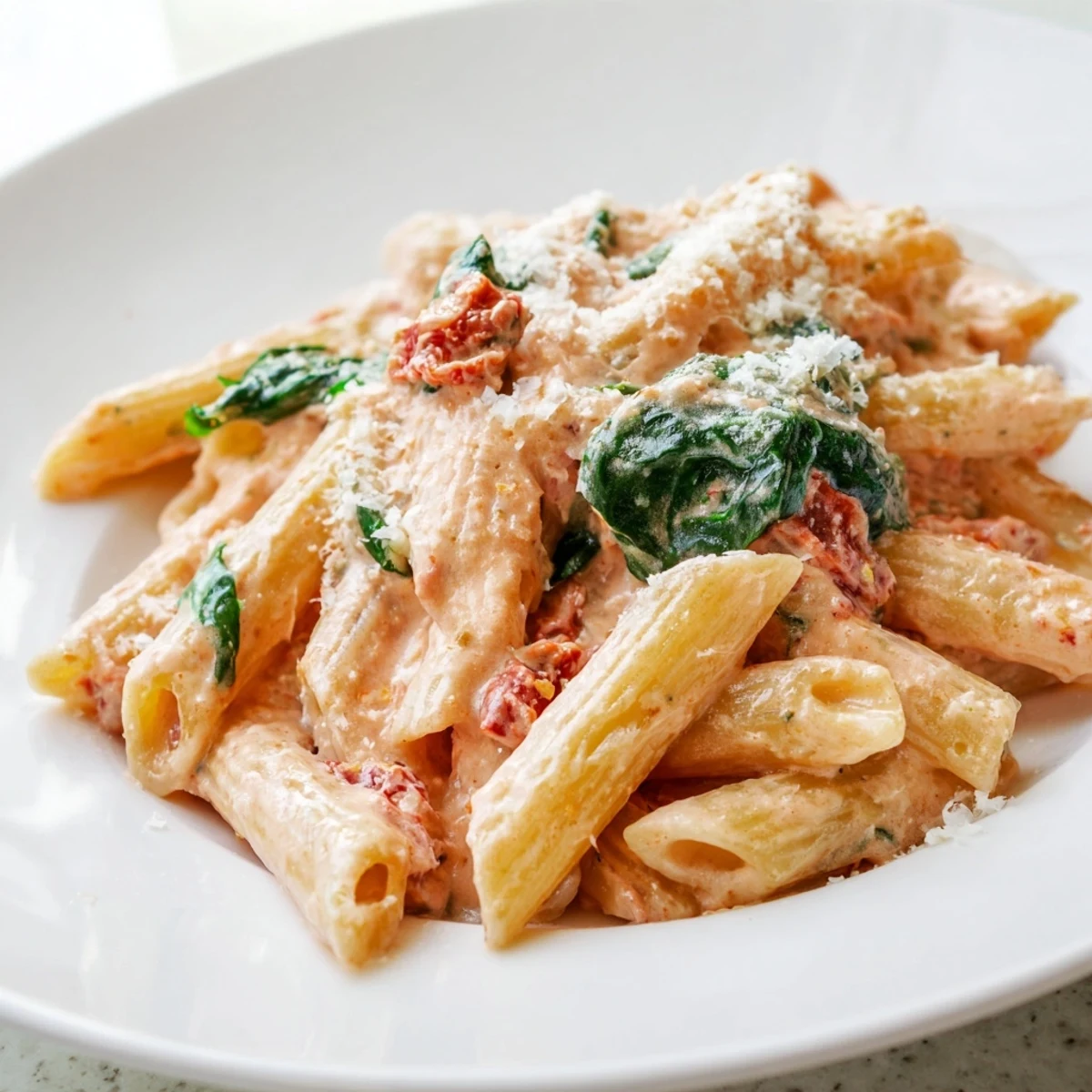 Creamy sun dried tomato spinach pasta in a skillet with velvety sauce coating every tender noodle