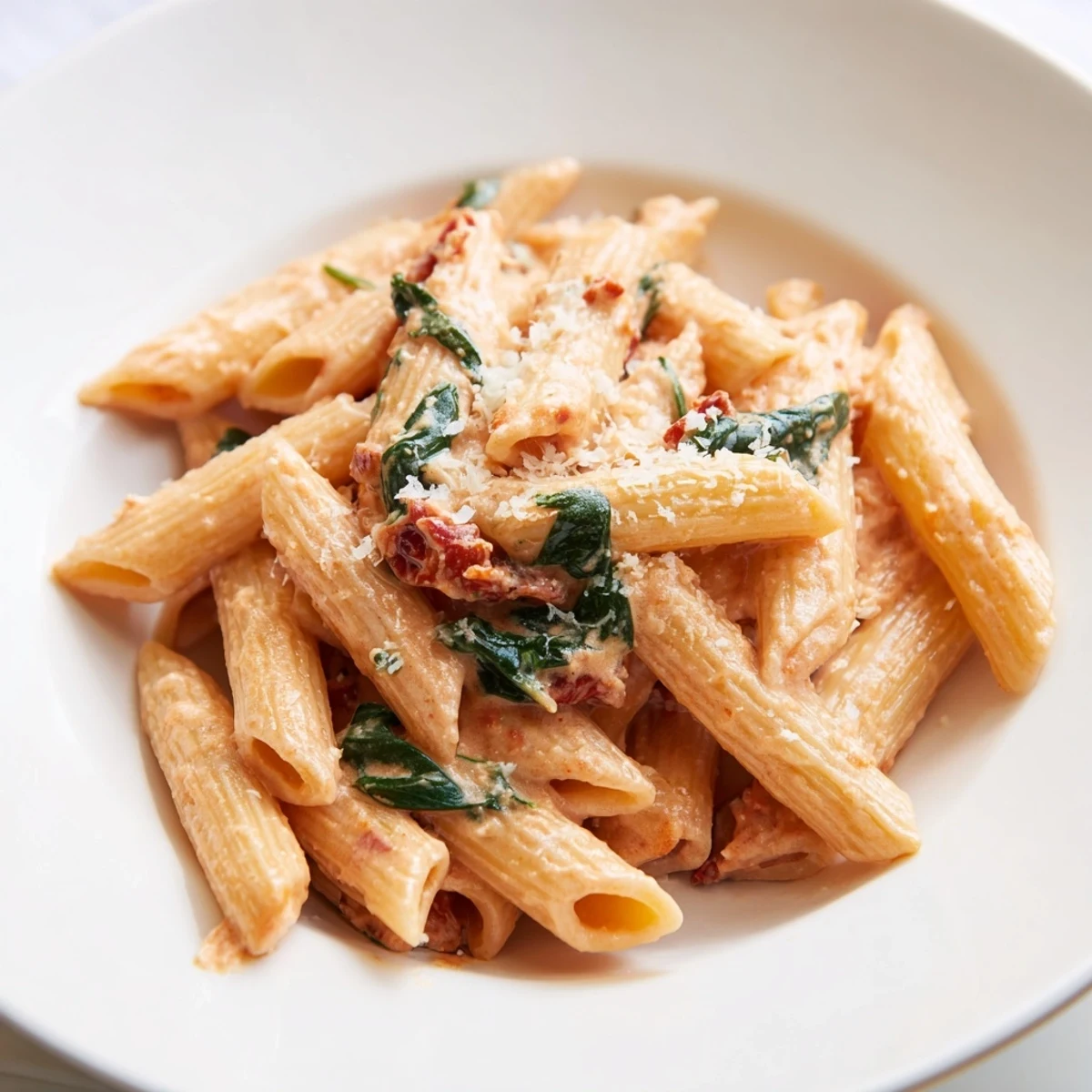 One pan creamy sun dried tomato spinach pasta topped with grated Parmesan and vibrant green leaves