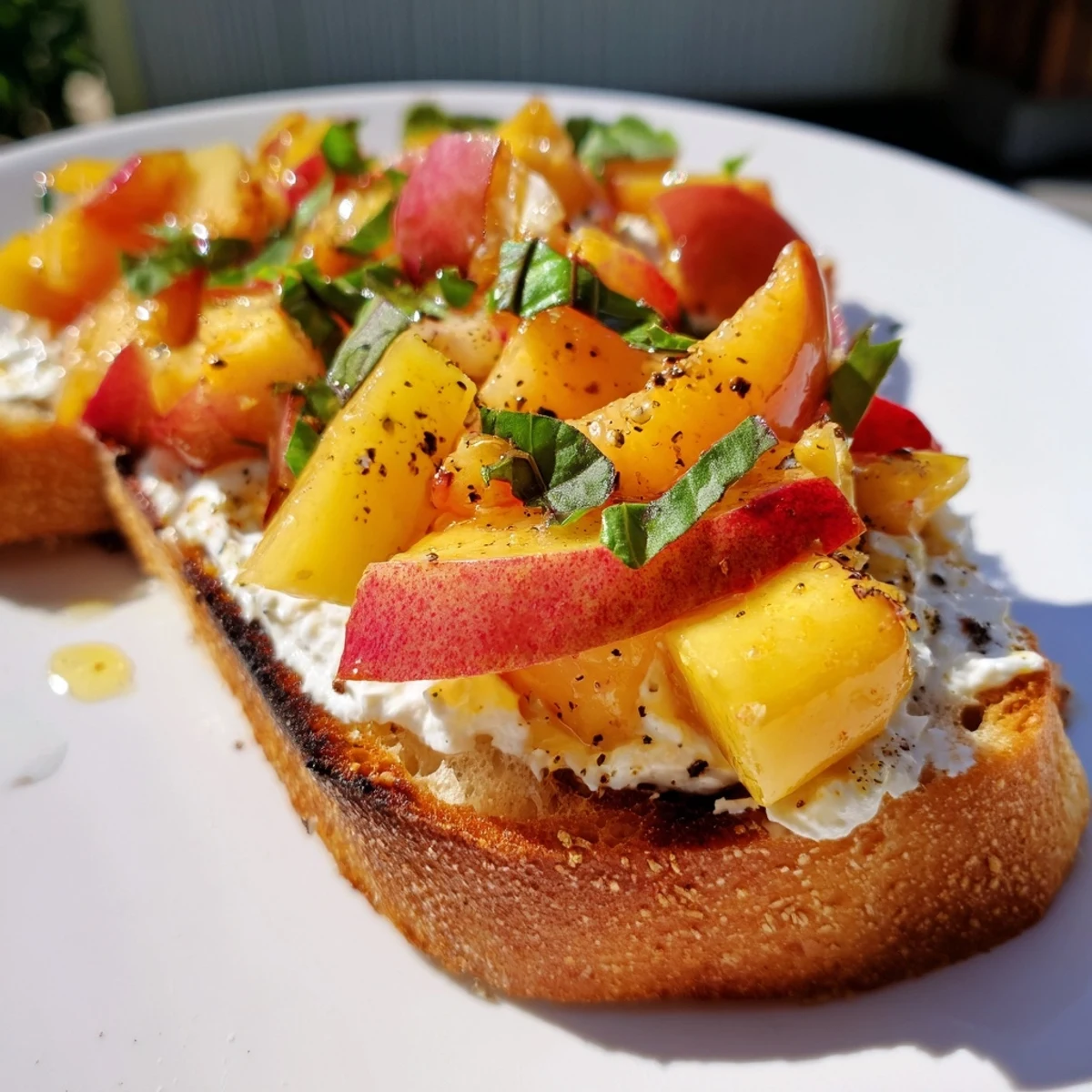 Fresh peach bruschetta with basil and honey drizzle on crispy bread ready to serve