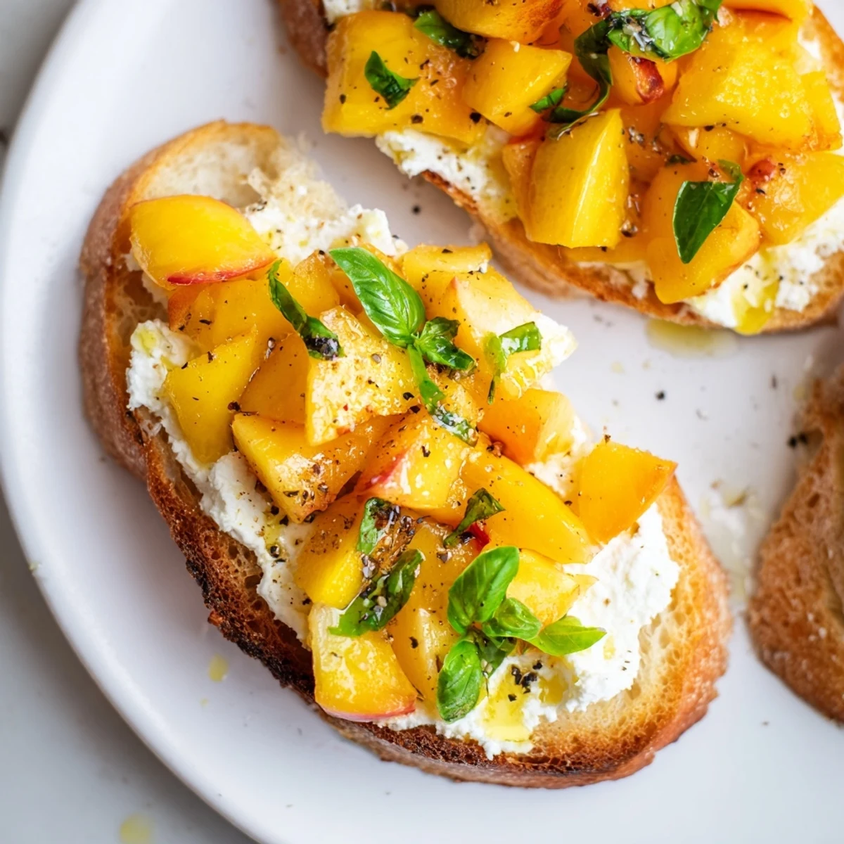 Golden toasted baguette slices topped with creamy ricotta and sweet Sun Kissed Peach Bruschetta