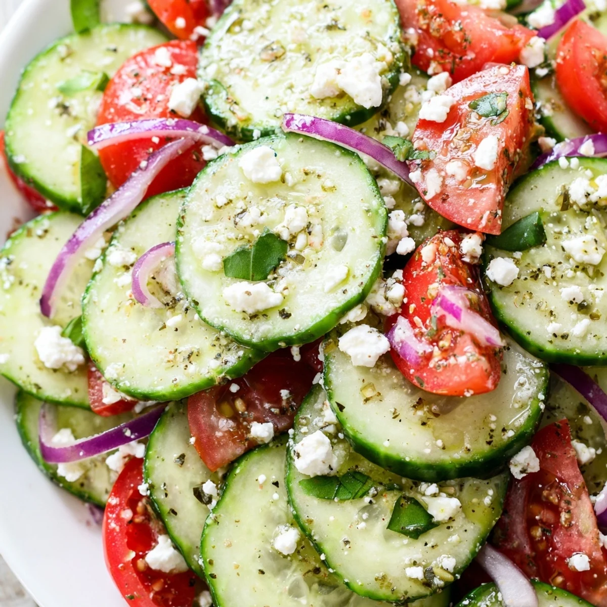 Italian cucumber salad with ripe tomatoes and red onions tossed in zesty herb dressing