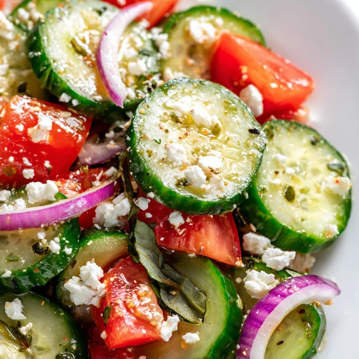 Crisp Italian cucumber salad featuring garden vegetables drizzled with tangy vinaigrette in white bowl