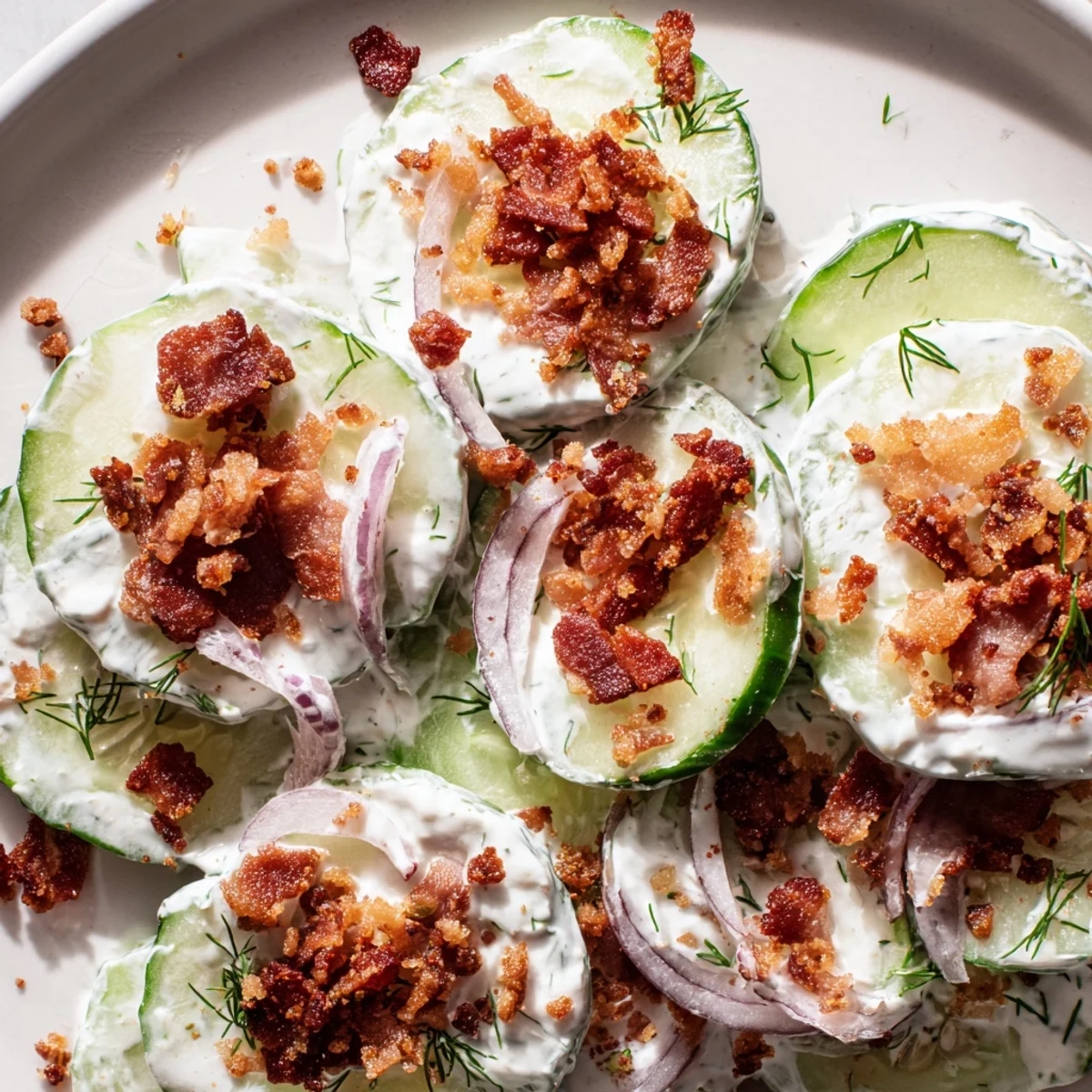 Crispy bacon crumbles top a vibrant healthy cucumber salad with creamy yogurt dressing