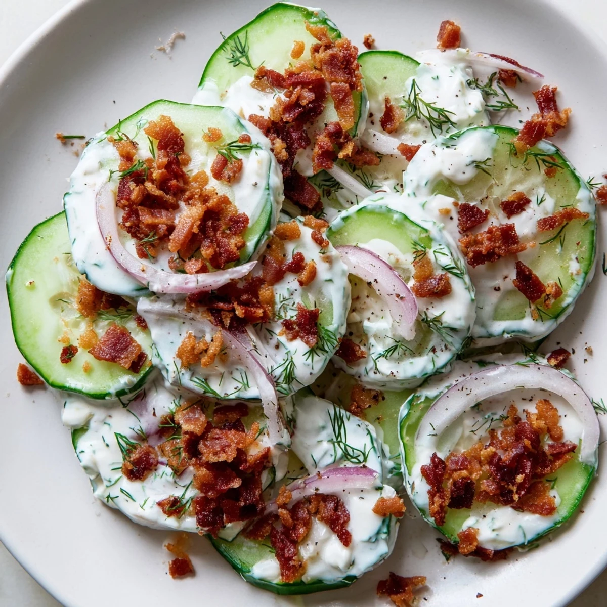 Fresh dill garnishes this crunchy healthy cucumber salad served in a white bowl