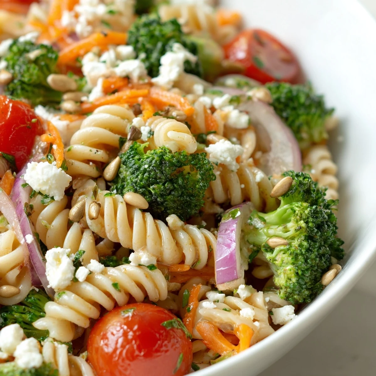Fresh broccoli pasta salad tossed with vibrant vegetables and creamy lemon dressing