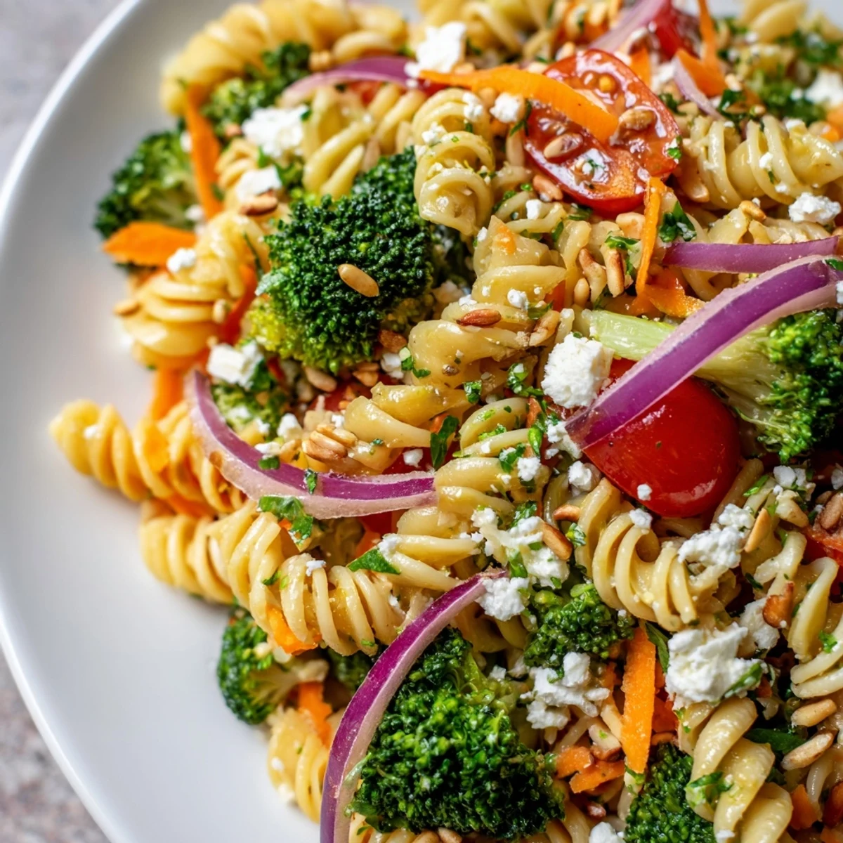 Crisp broccoli pasta salad served in a bowl with cherry tomatoes and feta