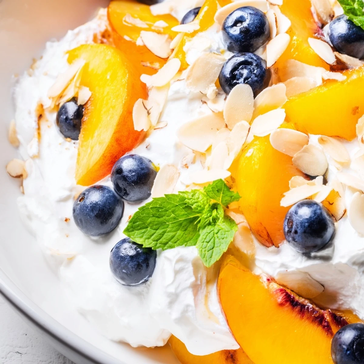 Creamy Peaches and Cream Salad topped with fresh mint and sliced almonds in a glass bowl