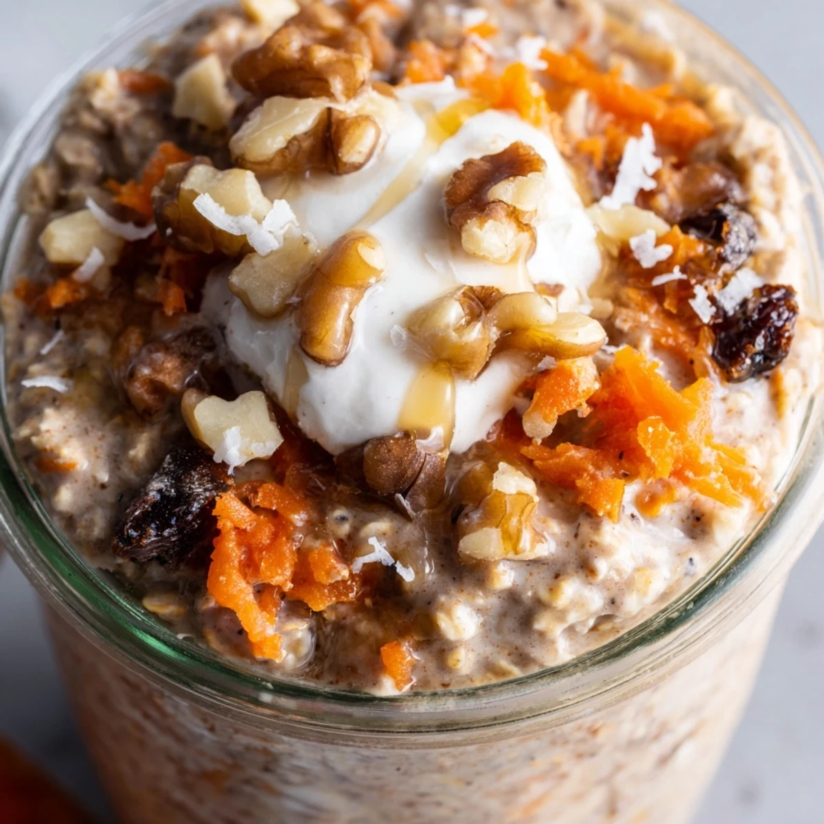 Creamy carrot cake overnight oats topped with crunchy walnuts and sweet raisins in a mason jar
