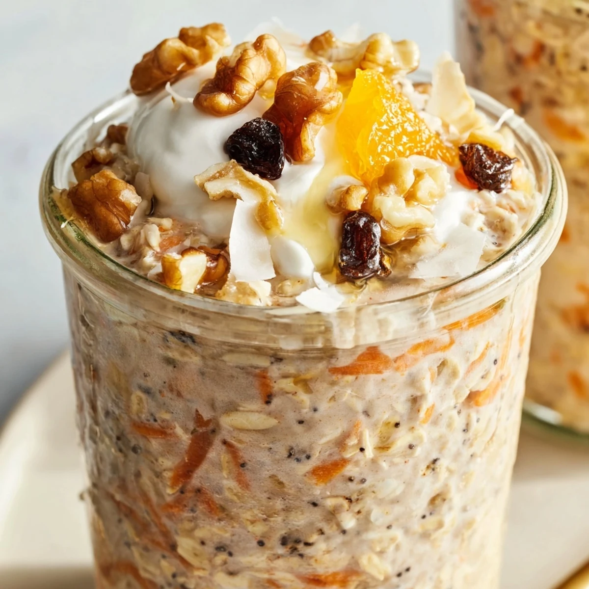 Spiced carrot cake overnight oats served in a bowl with a drizzle of maple syrup
