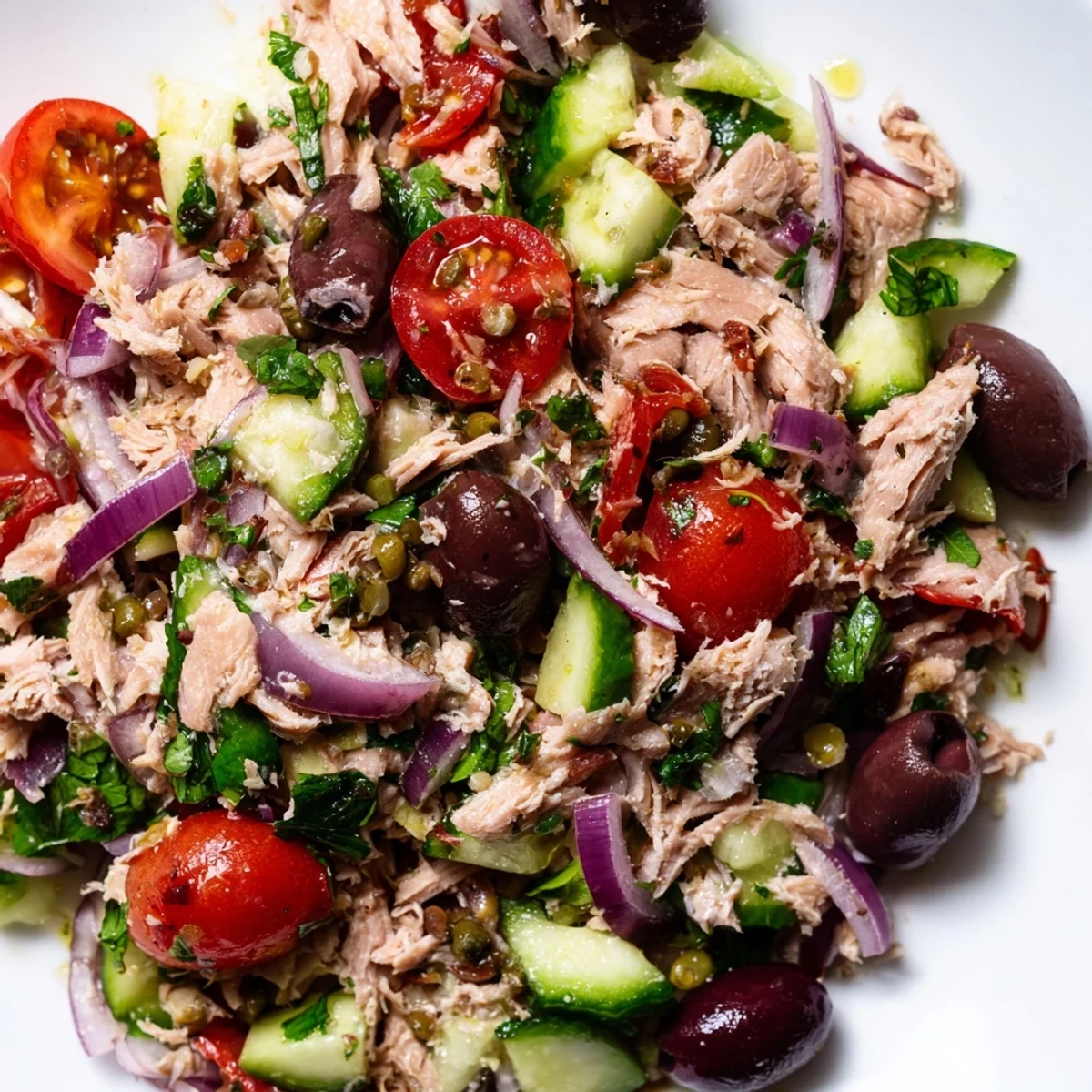 Flaked tuna tossed with crisp vegetables, Kalamata olives, and zesty lemon herb dressing