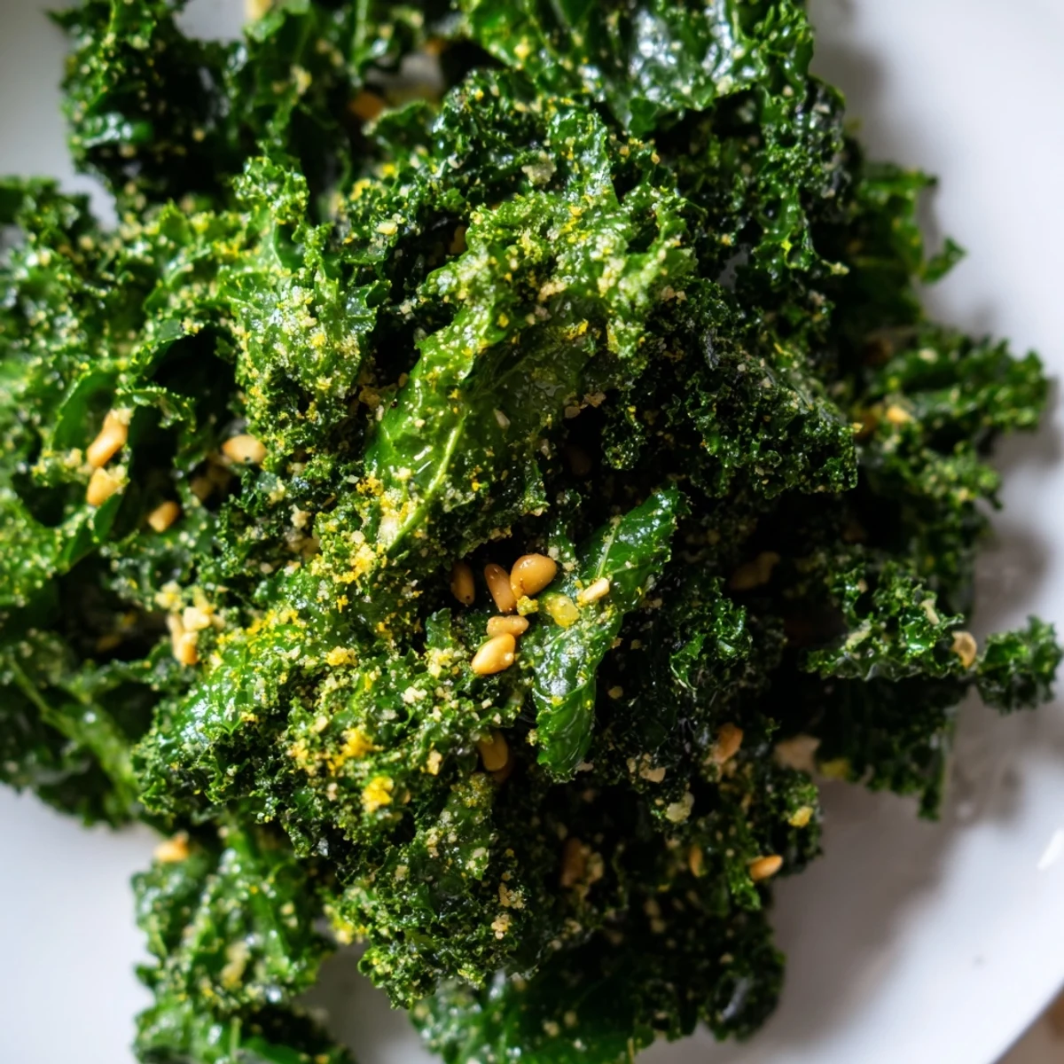 Massaged kale leaves glistening with zesty garlic lemon Parmesan dressing and nuts