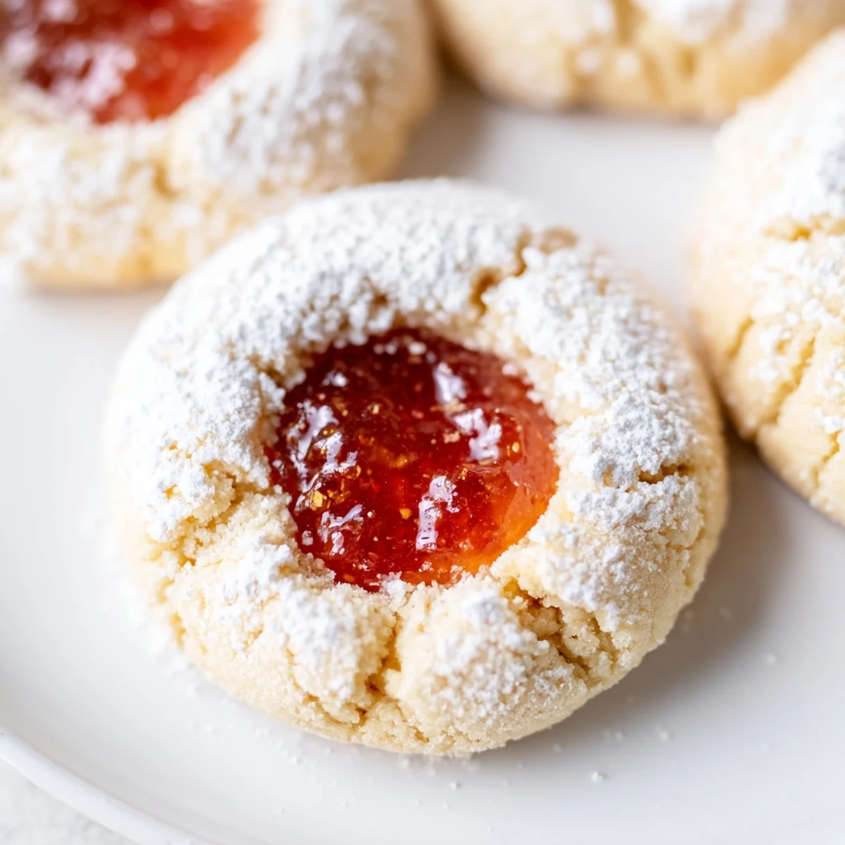 Golden Flower Jam Thumbprint Cookies with jewel-like floral centers on a rustic white plate
