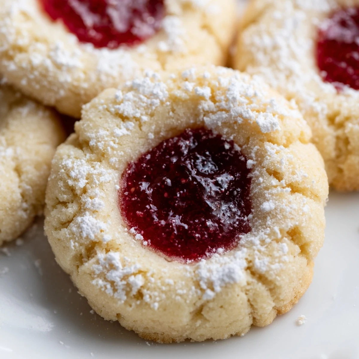 Buttery Flower Jam Thumbprint Cookies topped with glistening rose petal jam indentations