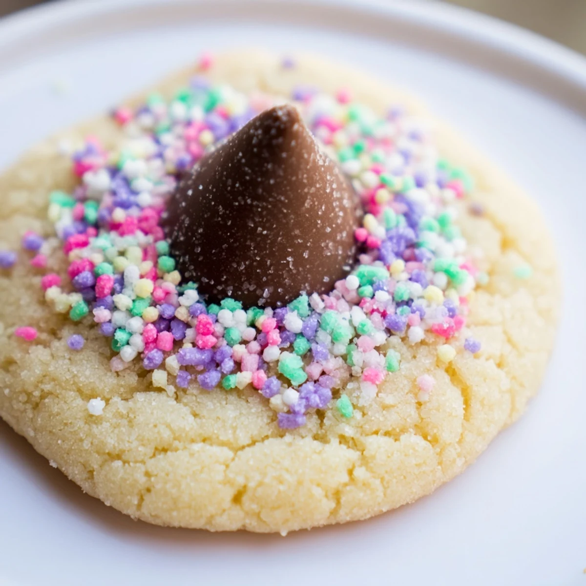 Soft Easter Blossom Cookies topped with colorful chocolate kisses and pastel sprinkles