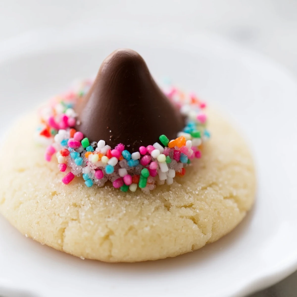 Plate of freshly baked Easter Blossom Cookies dusted with festive spring-colored sanding sugar