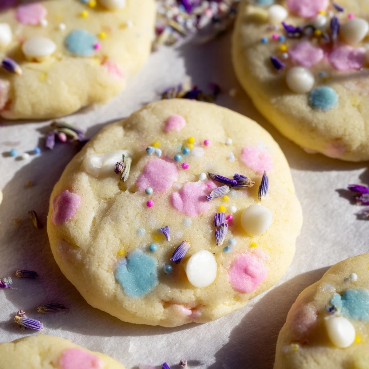 Soft Spring Blossom Cookies topped with pastel sprinkles on a rustic baking sheet.