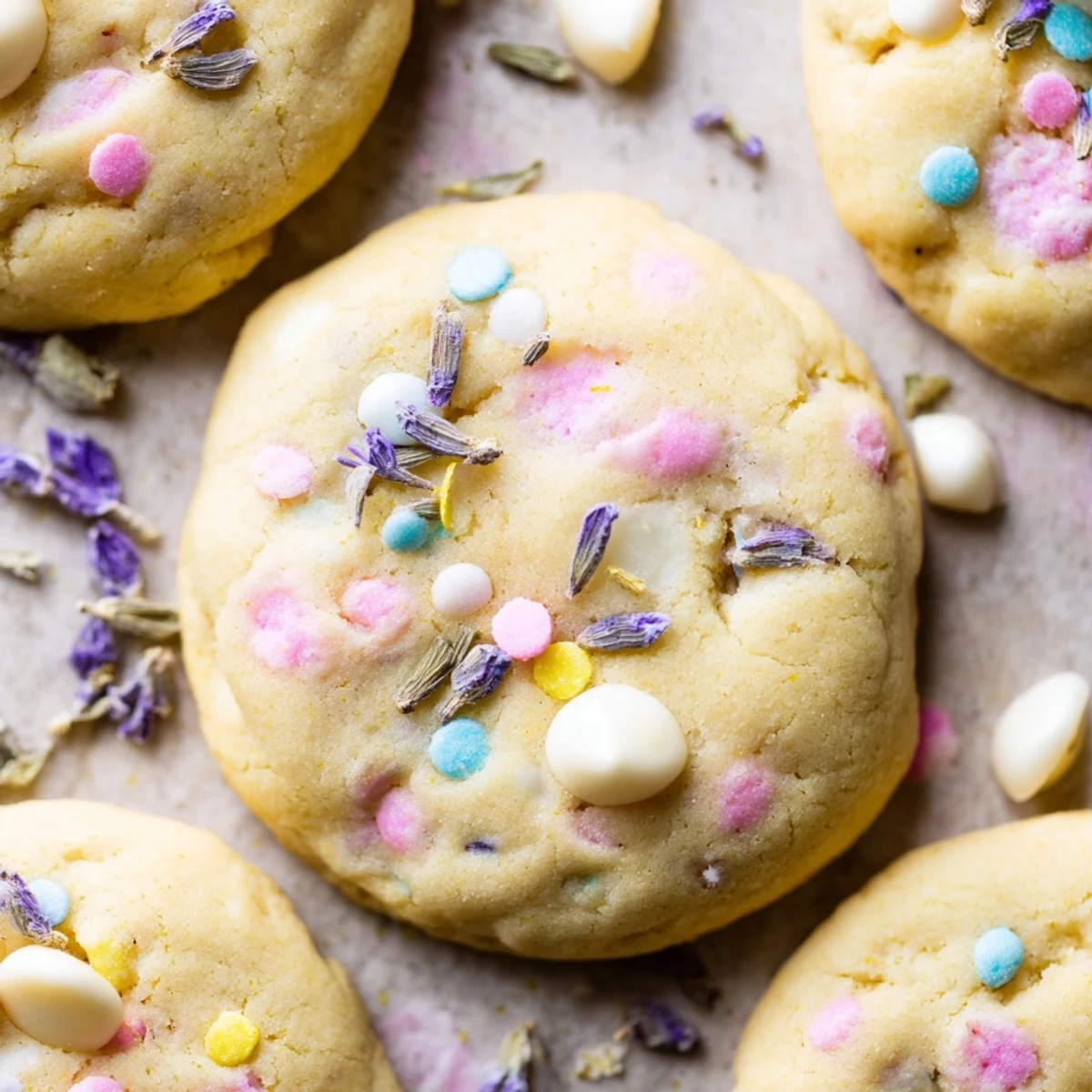 Golden-edged Spring Blossom Cookies arranged on a wire cooling rack with white chocolate chips.