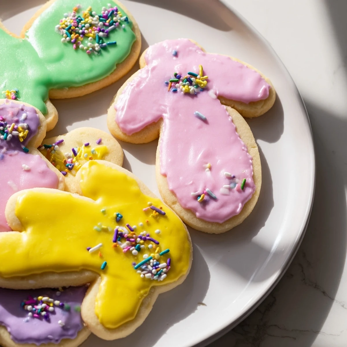 Chewy Spring Easter cookies with pastel pink icing arranged on a rustic white serving board