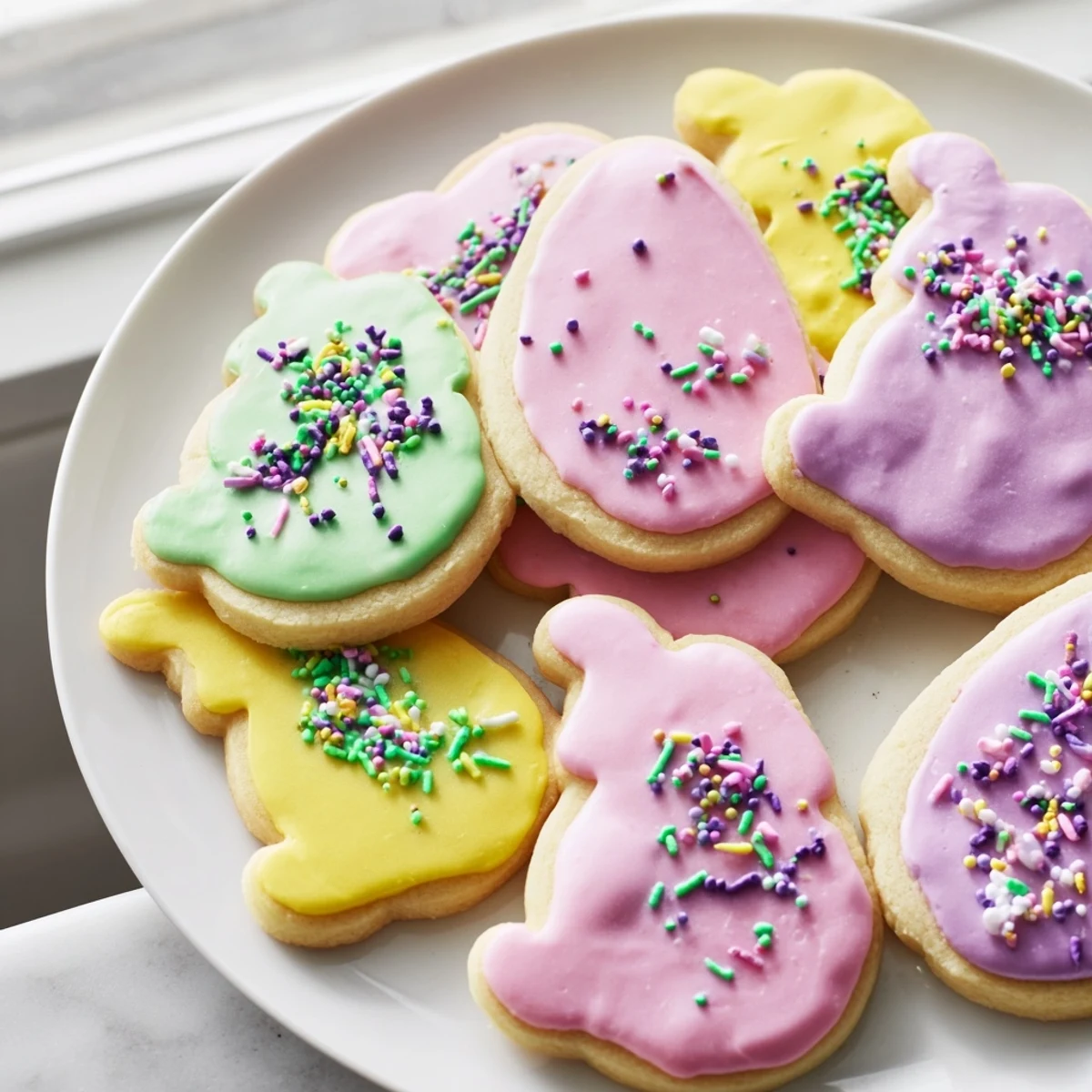 Buttery Spring Easter cookies decorated with colorful sprinkles displayed on a festive holiday platter