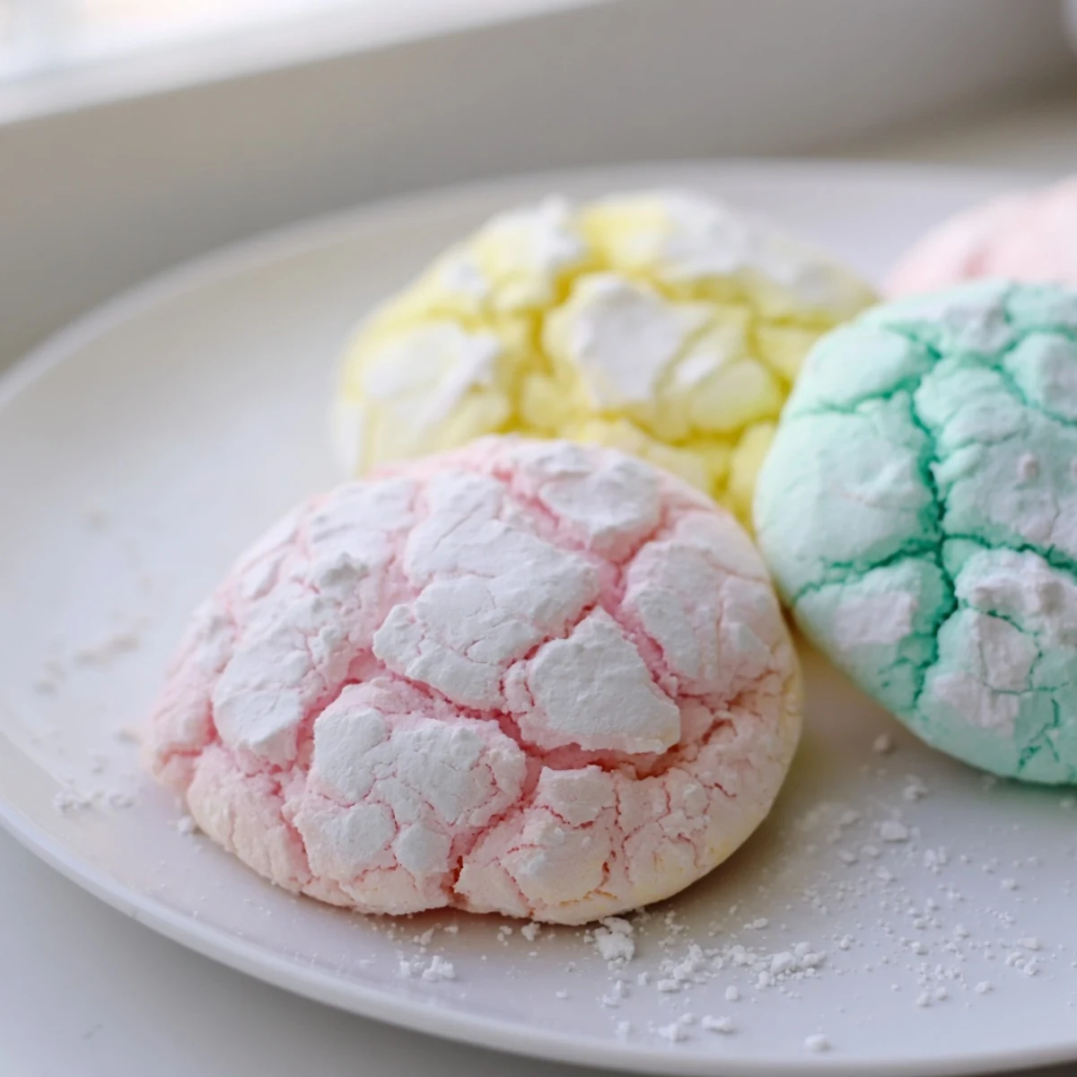 Soft pastel crinkle cookies with powdered sugar coating arranged on rustic white parchment paper