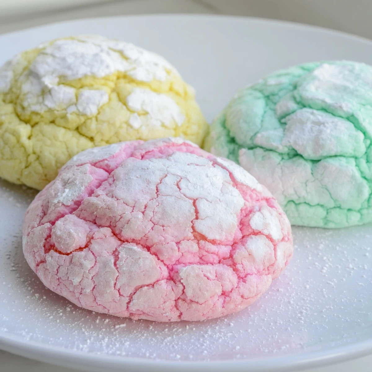 Chewy pastel crinkle cookies displaying crackled surfaces dusted generously with snowy powdered sugar