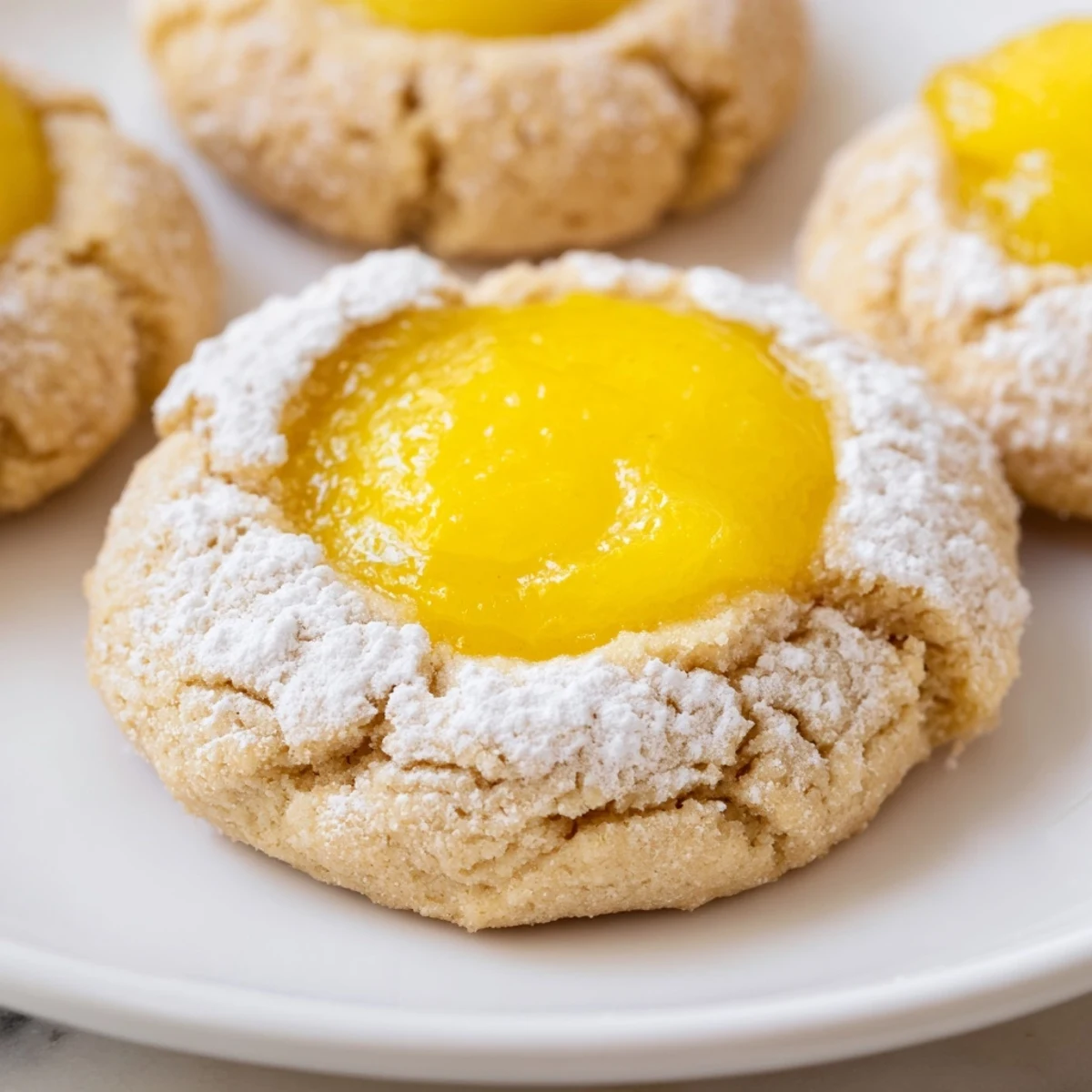 Golden lemon curd cookies with bright citrus filling on a rustic baking sheet.