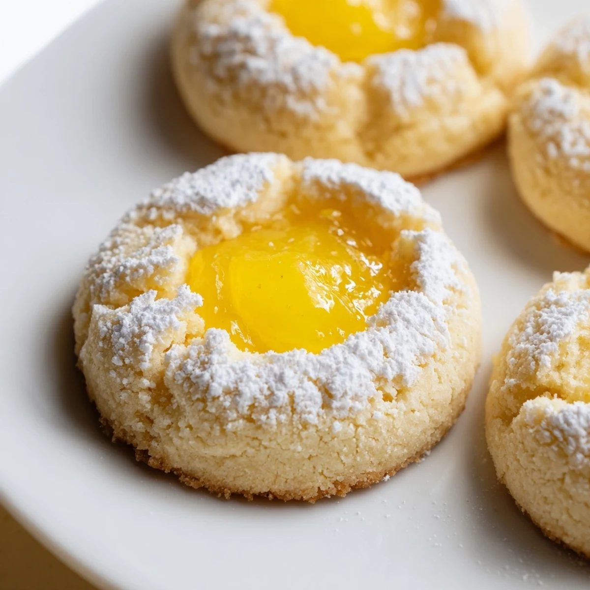 Soft buttery lemon curd cookies dusted with powdered sugar on a wire rack.