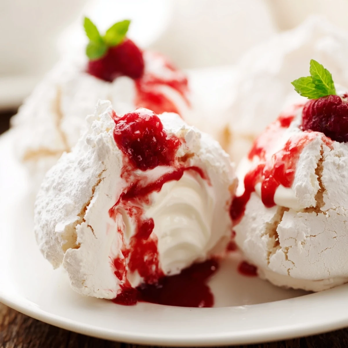 Crispy Pavlova bombs with raspberry coulis drizzled over billowy whipped cream filling