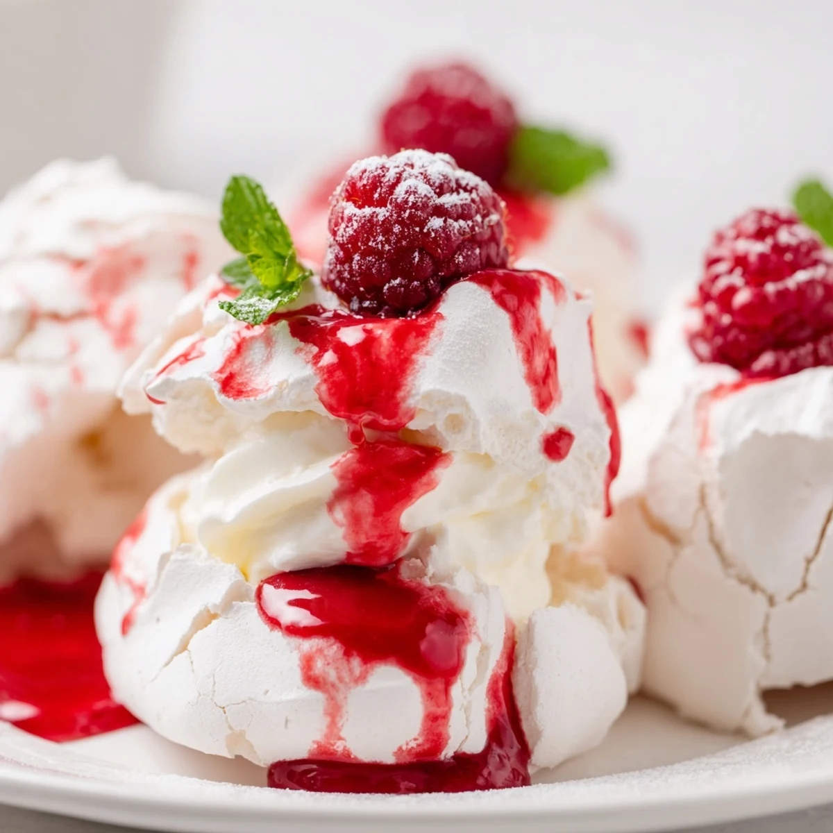 Miniature Pavlova bombs topped with tangy red raspberry coulis and fresh berries
