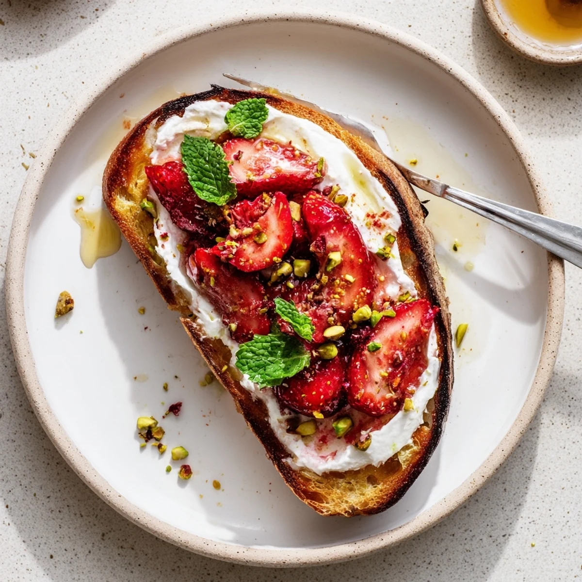 Creamy whipped ricotta topped with caramelized roasted strawberries on golden crispy sourdough toast
