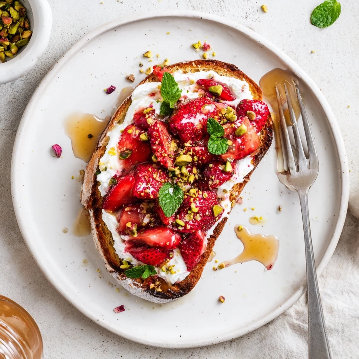 Roasted strawberry whipped ricotta toast garnished with fresh mint and honey drizzle on rustic bread