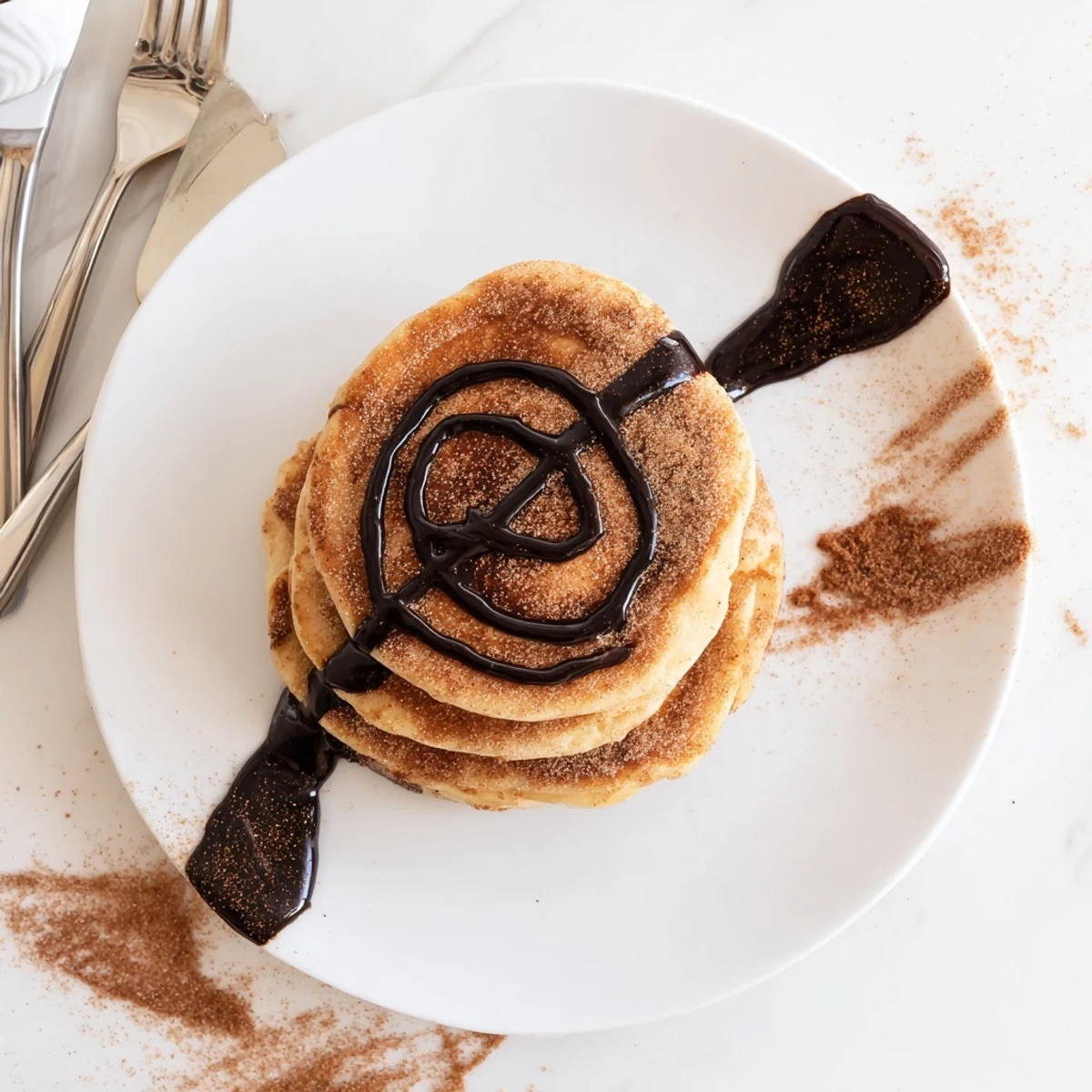 Fluffy Spanish Churro Pancakes coated in cinnamon sugar served with warm dipping chocolate