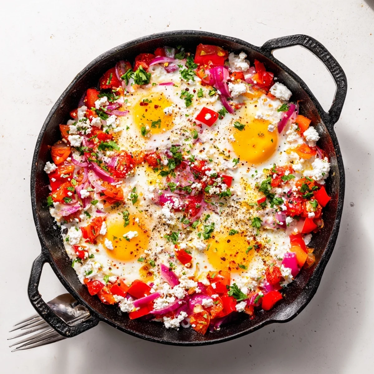 Golden baked feta eggs with runny yolks nestled in creamy cheese and roasted vegetables