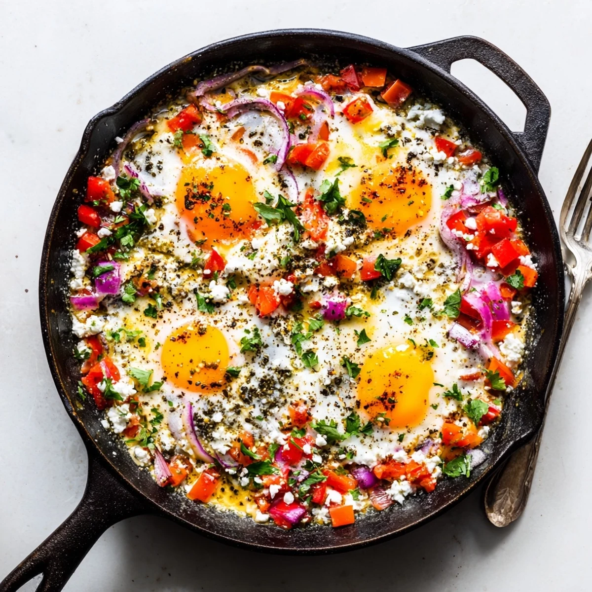 Warm skillet of baked feta eggs topped with fresh parsley and red pepper flakes