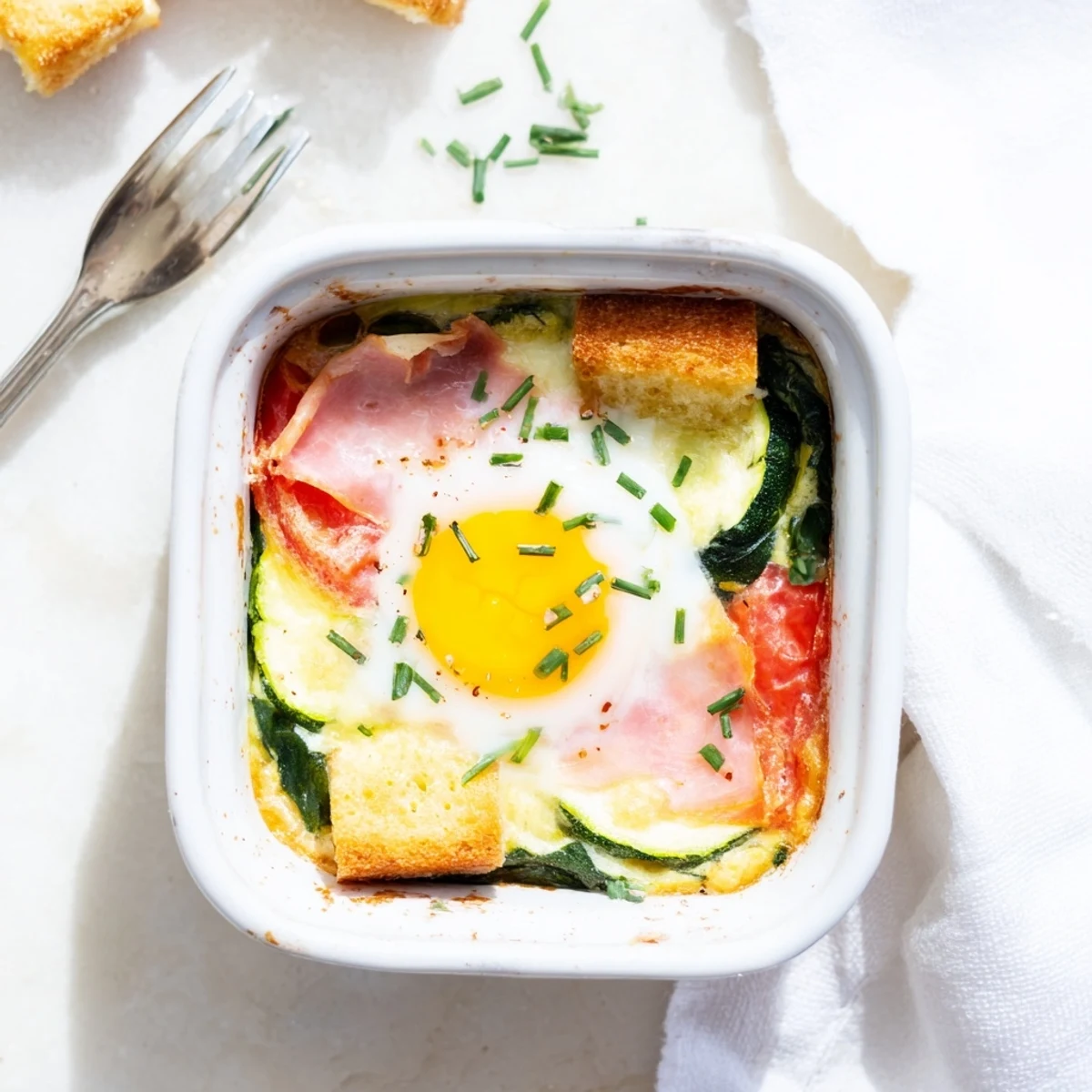 Golden baked eggs Napoleon with runny yolks nestled on layers of ham, spinach, and creamy Gruyère sauce