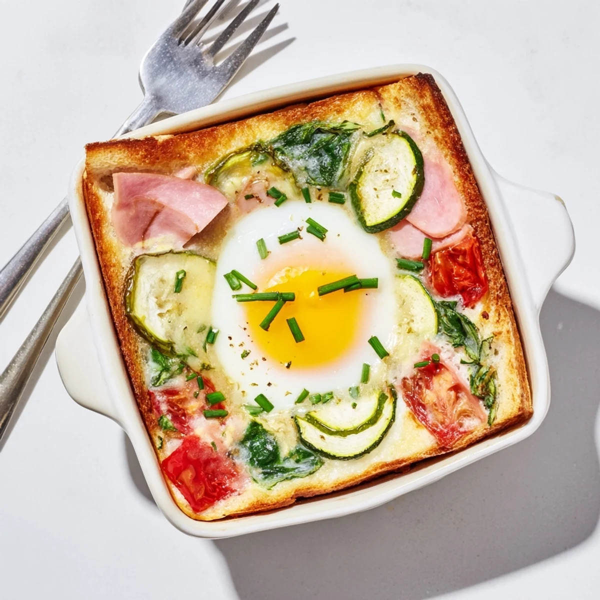 Creamy baked eggs Napoleon served in ramekins over flaky pastry, wilted spinach, and savory ham layers