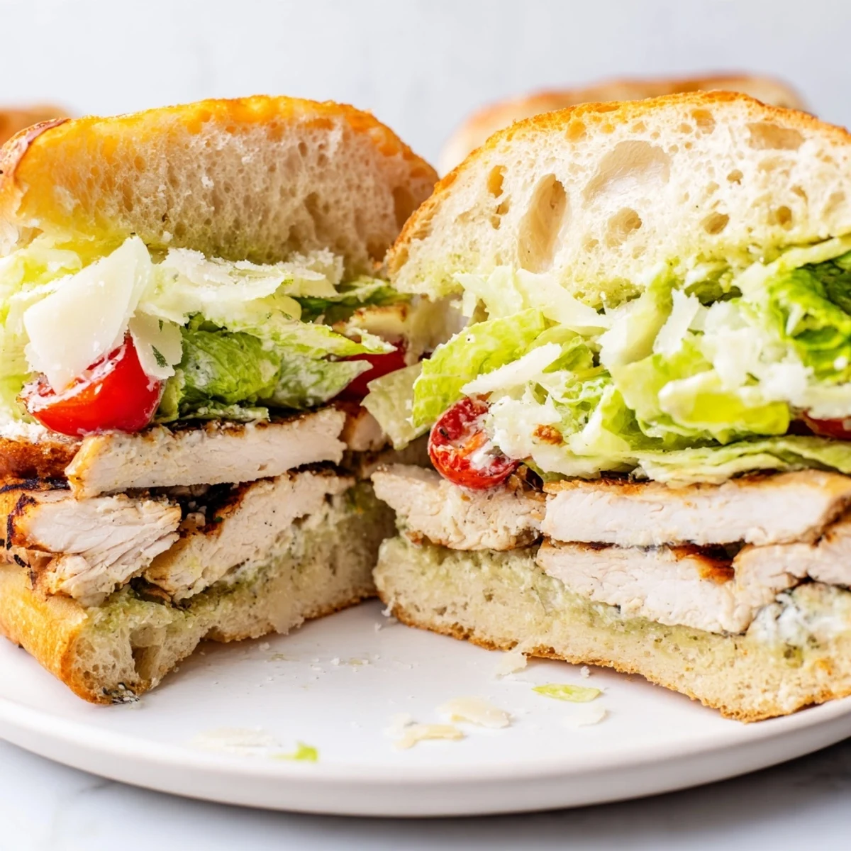 Golden toasted ciabatta holds juicy grilled chicken and crisp romaine in this Chicken Caesar Sandwich