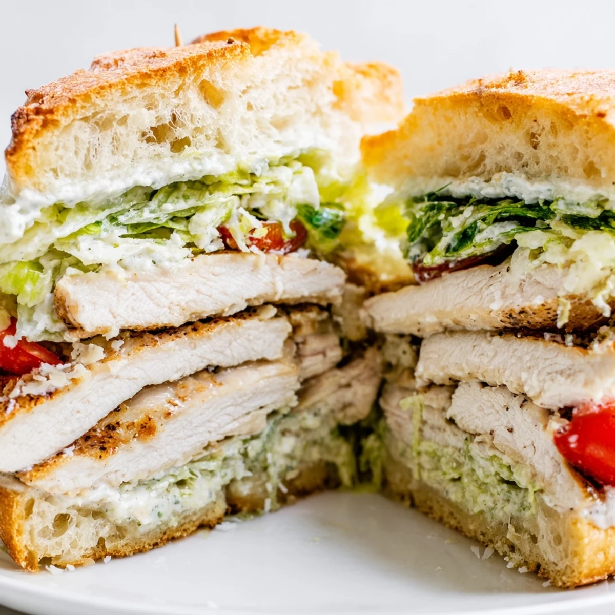 Creamy Caesar dressing coats tender sliced chicken and fresh romaine on crusty grilled bread