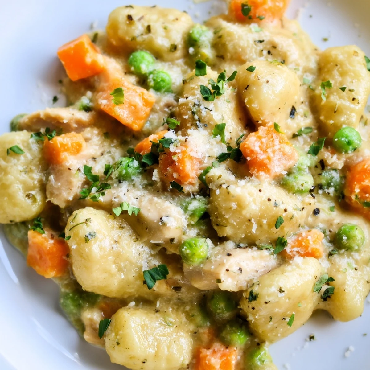 Creamy one pot gnocchi chicken pot pie in a cast iron skillet with tender vegetables and golden sauce