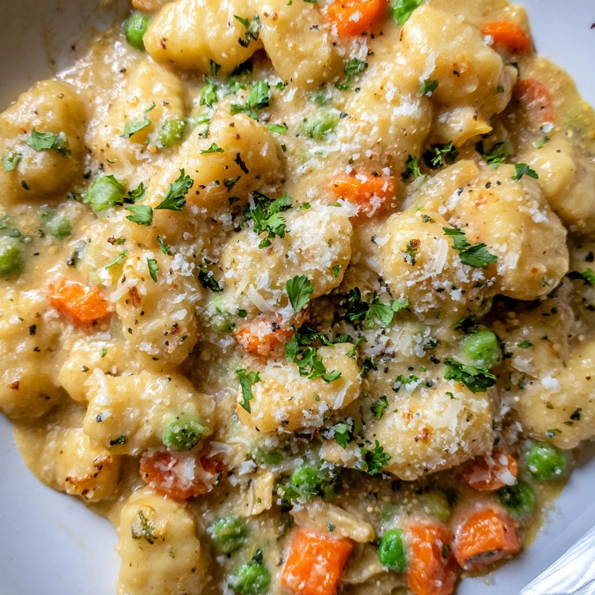 One pot gnocchi chicken pot pie topped with fresh parsley and served in a white bowl