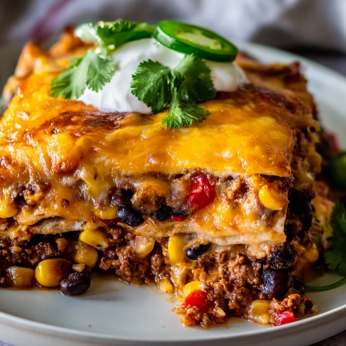 Golden bubbling Mexican lasagna with layers of seasoned beef, beans, and melted cheese