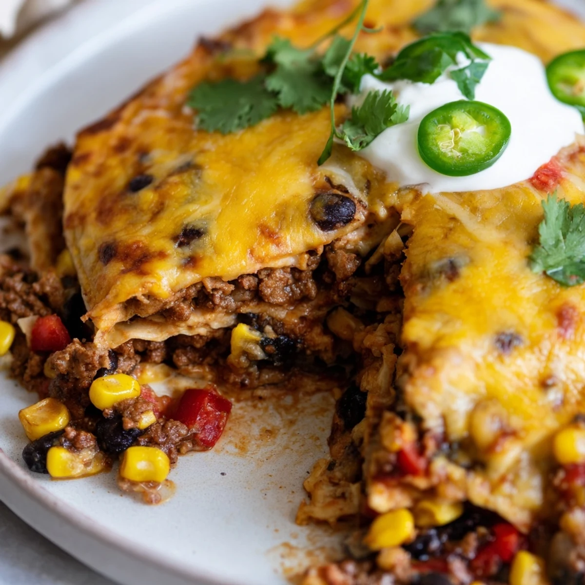 Mexican lasagna fresh from the oven with gooey cheese and colorful Tex-Mex filling
