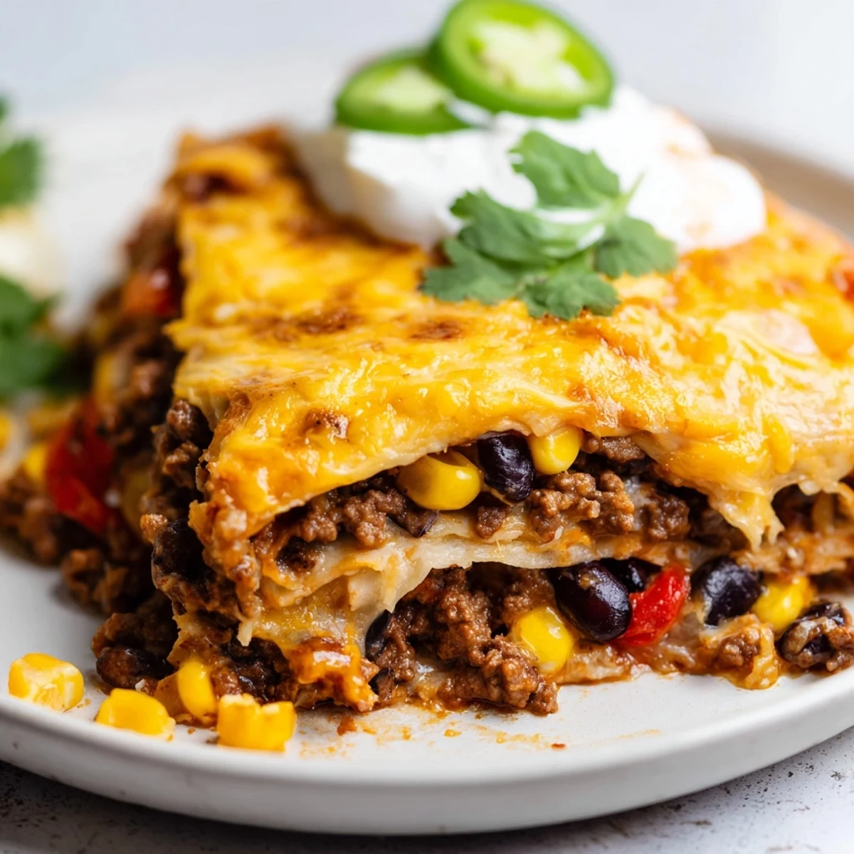 Tortilla layers stacked with spicy ground beef and melted cheese in Mexican lasagna