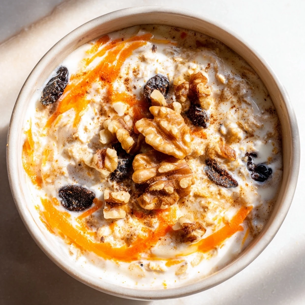 Creamy carrot cake overnight oats in a mason jar topped with crunchy walnuts and cinnamon